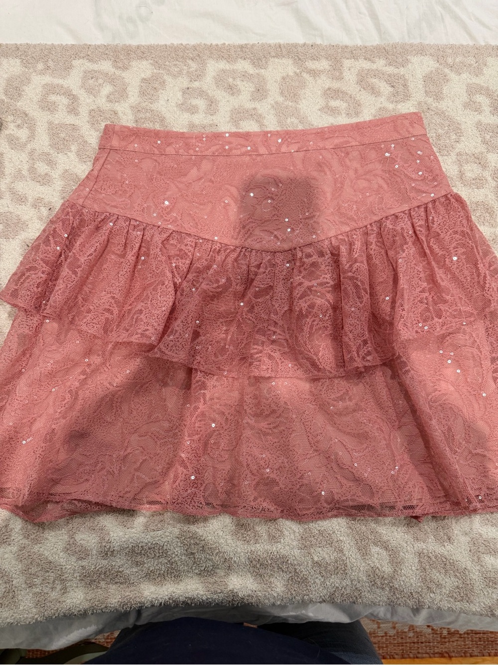 Tularosa Dusty Rose Lace Tiered Mini Skirt with Sequin Detail